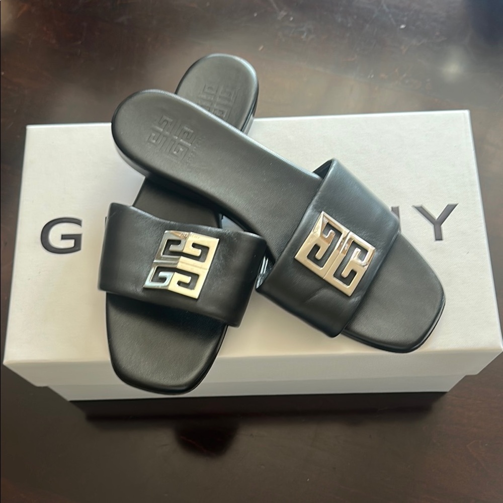 Givenchy Black Slides with Silver Emblem